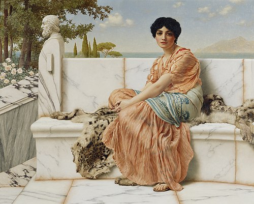 schilderij sappho van Lesbos zittend aan zee, lesbische dichter