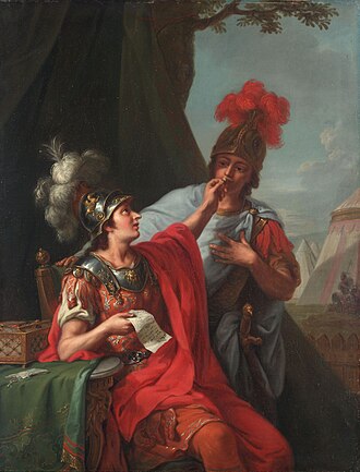 Alexander de Grote en Hephaestion, Johann Heinrich Tischbein - Alexander Putting his Seal Ring over Hephaestion's Lips, 1781