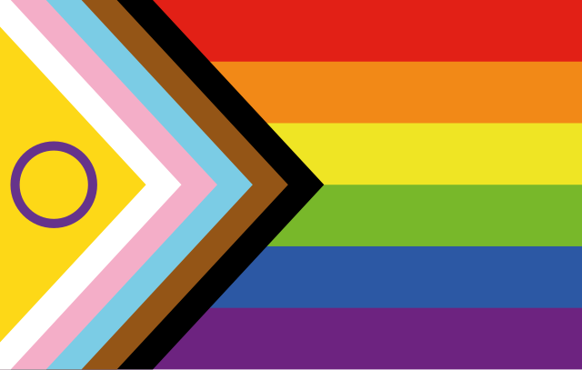 de progress pride vlag met de intersekse vlag erin verwerkt