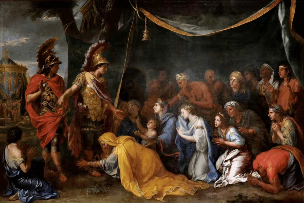 De familie van Darius III knielend voor Alexander de Grote en Hephaestion